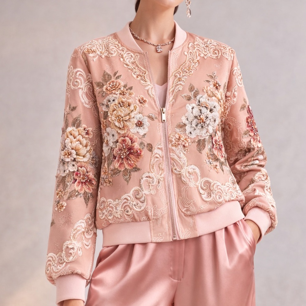 Gorgeous Romantic Embellished Rose Bomber Jacket The Luyzah - Picture 2 of 16